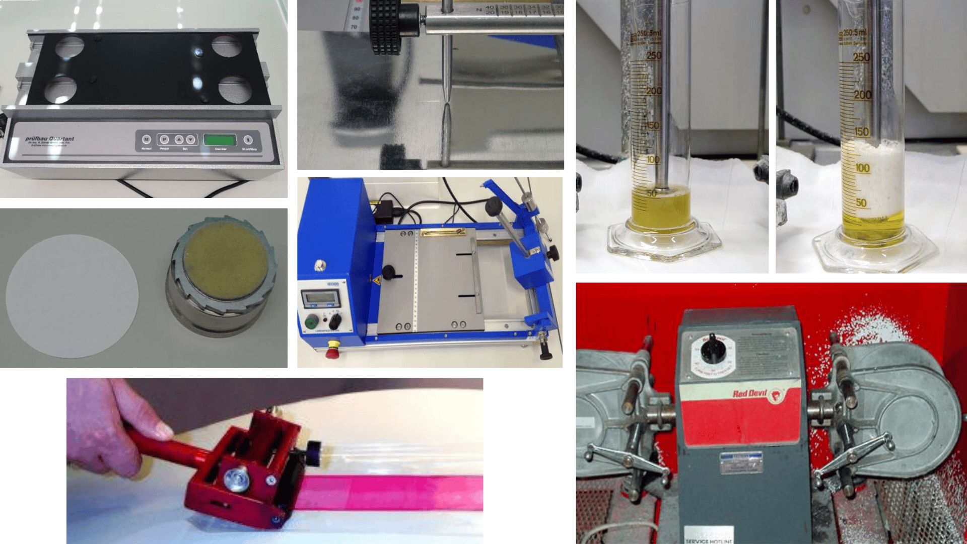Testing methods and equipment in a coatings lab such as red devil, dissolver, quartant rub tester to measure scratch and abraision resistance, foam formation and levelling